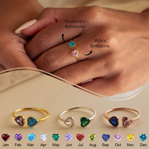Personalized Couple Promise Heart Double Heart Birthstones Ring