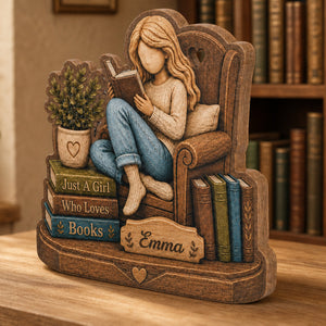 Personalized Book Lover Wooden Plaque, Custom Name Reading Girl Desk Decor