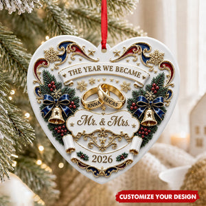 Personalized Mr. and Mrs. Ornament, Wedding Rings Heart Couple Name Keepsake