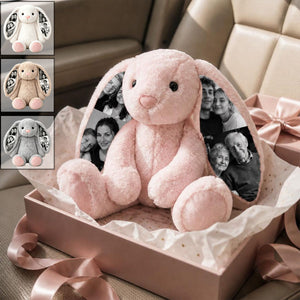 Custom Photo Bunny Plush โ Personalized Hidden Ear Picture Bunny Gift for Couples