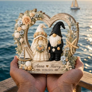 Personalized Wedding Gnome Wooden Block,Custom Couple Name Heart Plaque