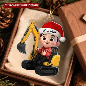 3D Effect Little Boy Kid With Construction Vehicle Christmas Personalized Acrylic Ornament