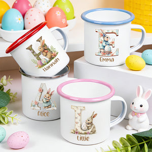 Personalized Name Rabbit Floral Letter Easter Enamel Mug