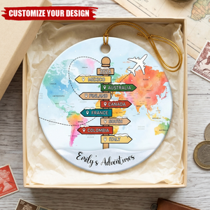 Personalized Traveling Destination Ornament, Travel Adventure Ornament