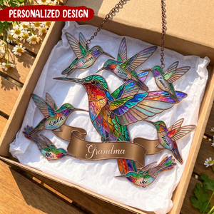 Personalized Colorful Hummingbird Family Acrylic Suncatcher – Custom Grandma Gift