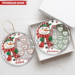 Personalized Grandma's Sweetheart Snowman Candy Circle Glass Ornament