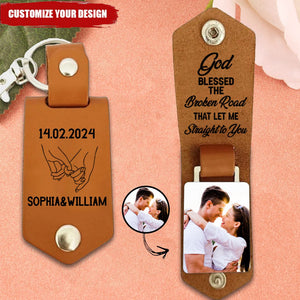 God Bless The Broken Road That Led Me Straight To You - Personalized Leather Keychain