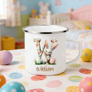 Personalized Name Rabbit Floral Letter Easter Enamel Mug