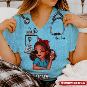 Pretty Doll Nurse Scrub CNA RN Healthcare Worker Personalized V-neck 3D T-shirt