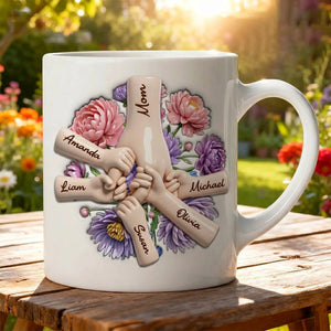 Personalized Family Hands Floral Ceramic Mug, Gift For Mom And Family