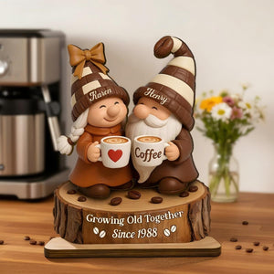 Growing Old Together - Personalized Wooden Plaque With Cute Coffee Couple