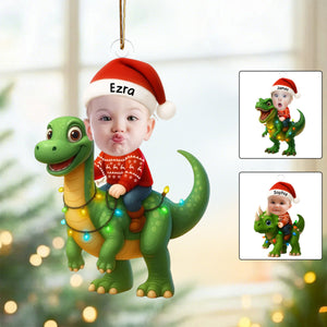 Personalized Cute Kid Rides The Dinosaur Kid Photo Ornament