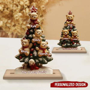 Personalized Family Christmas Tree With Cute Bear Wooden Plaque