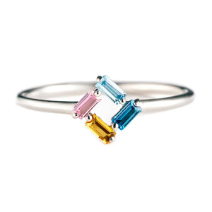 Personalized Baguette Grandma Mom 3-6 Birthstones Family 925 Silver Ring