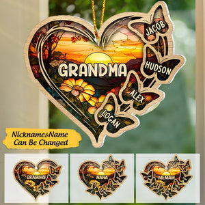 Personalized Christmas Mom Grandma Butterfly Heart Stained Glass Pattern Ornament