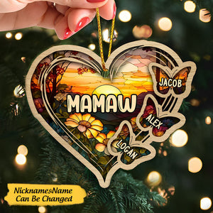 Personalized Christmas Mom Grandma Butterfly Heart Stained Glass Pattern Ornament