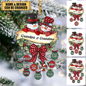 Snowman Grandpa & Grandma Christmas Ball Kids Personalized Acrylic Ornament