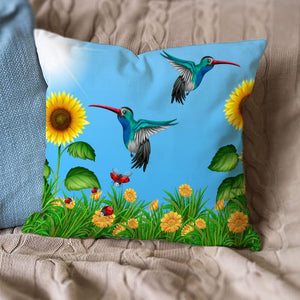 Blue Hummingbird Flying Sunflower Pillow Case 18*18''