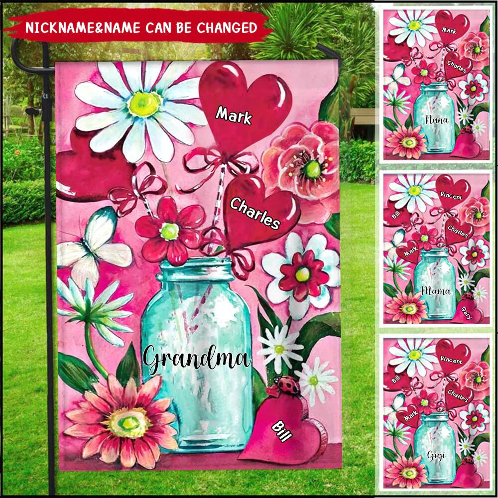 Personalized Heart Pink Bouquet Jar Decorative Garden Flags-Gift For Grandma Mom