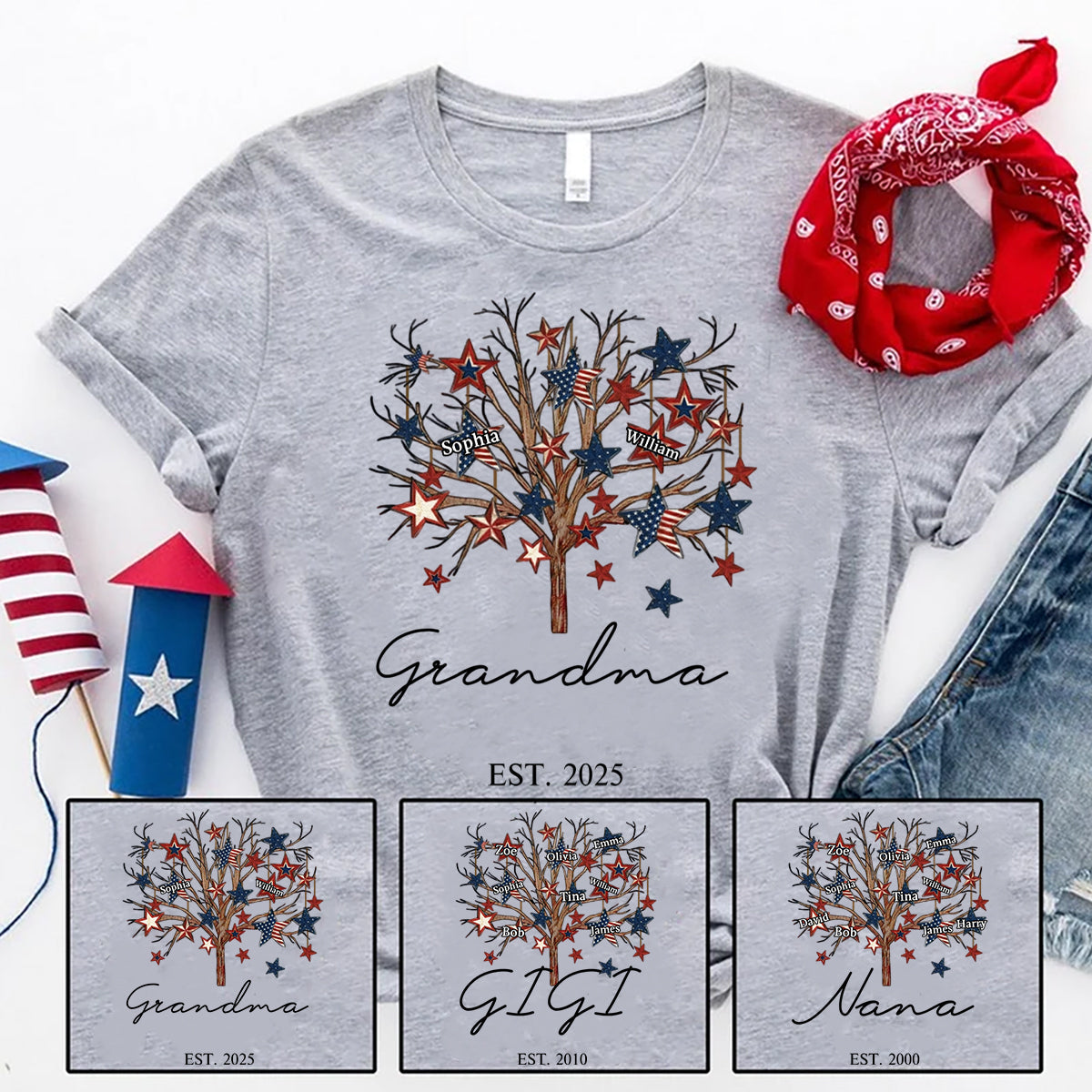 Personalized Grandma Tree Stars And Grandkids 4th Of July T-Shirt