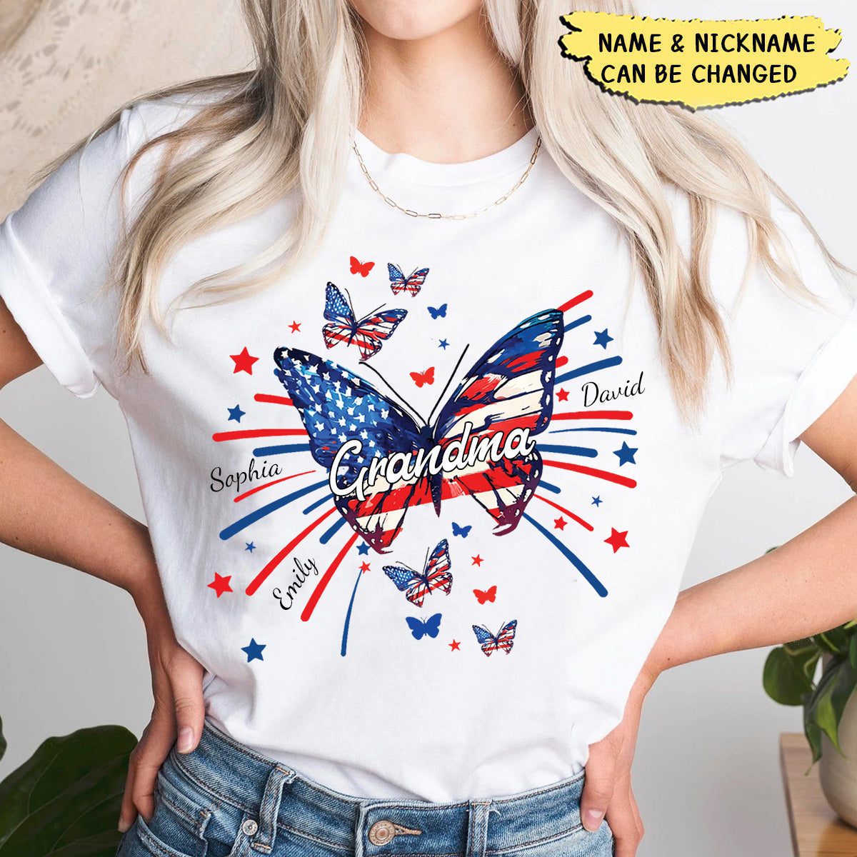 Grandma Butterfly Flag Star And Grandkids 4th of july Personalized Shirt
