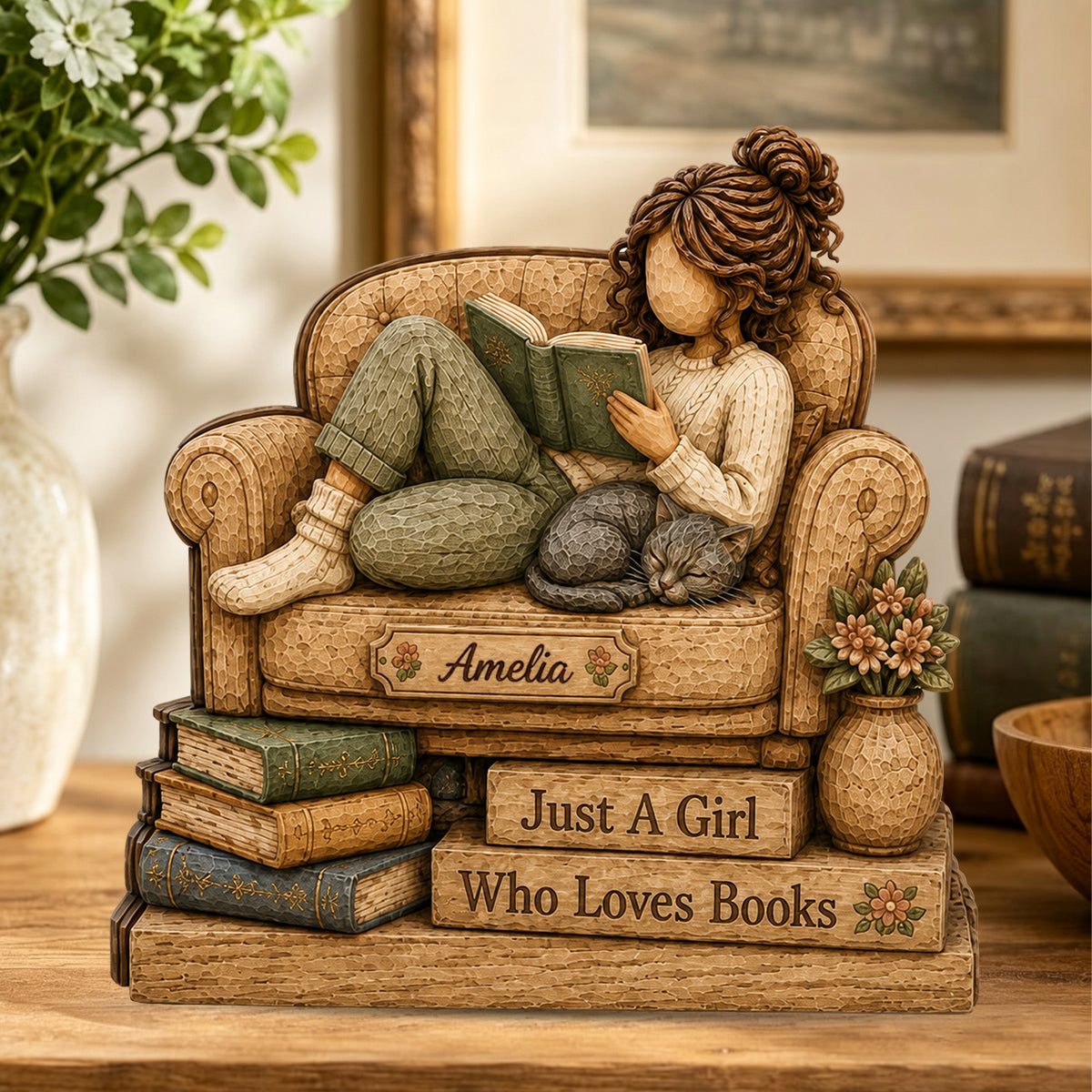 Personalized Reading Girl With Cat Wooden Plaque