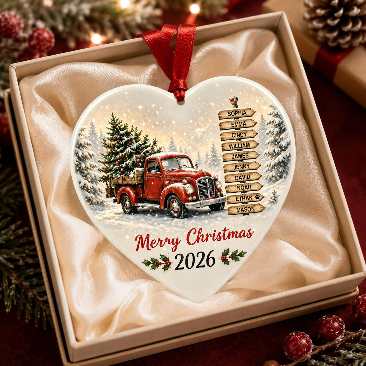 Personalized Red Truck Family Christmas Ornament, Custom Names Gift
