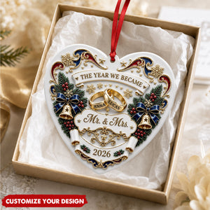 Personalized Mr. and Mrs. Ornament, Wedding Rings Heart Couple Name Keepsake