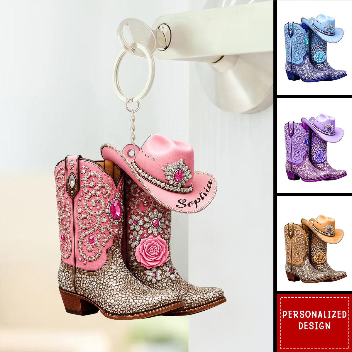 Personalized Cowgirl Boots & Hat Keychain – Custom Name Gift For Girls