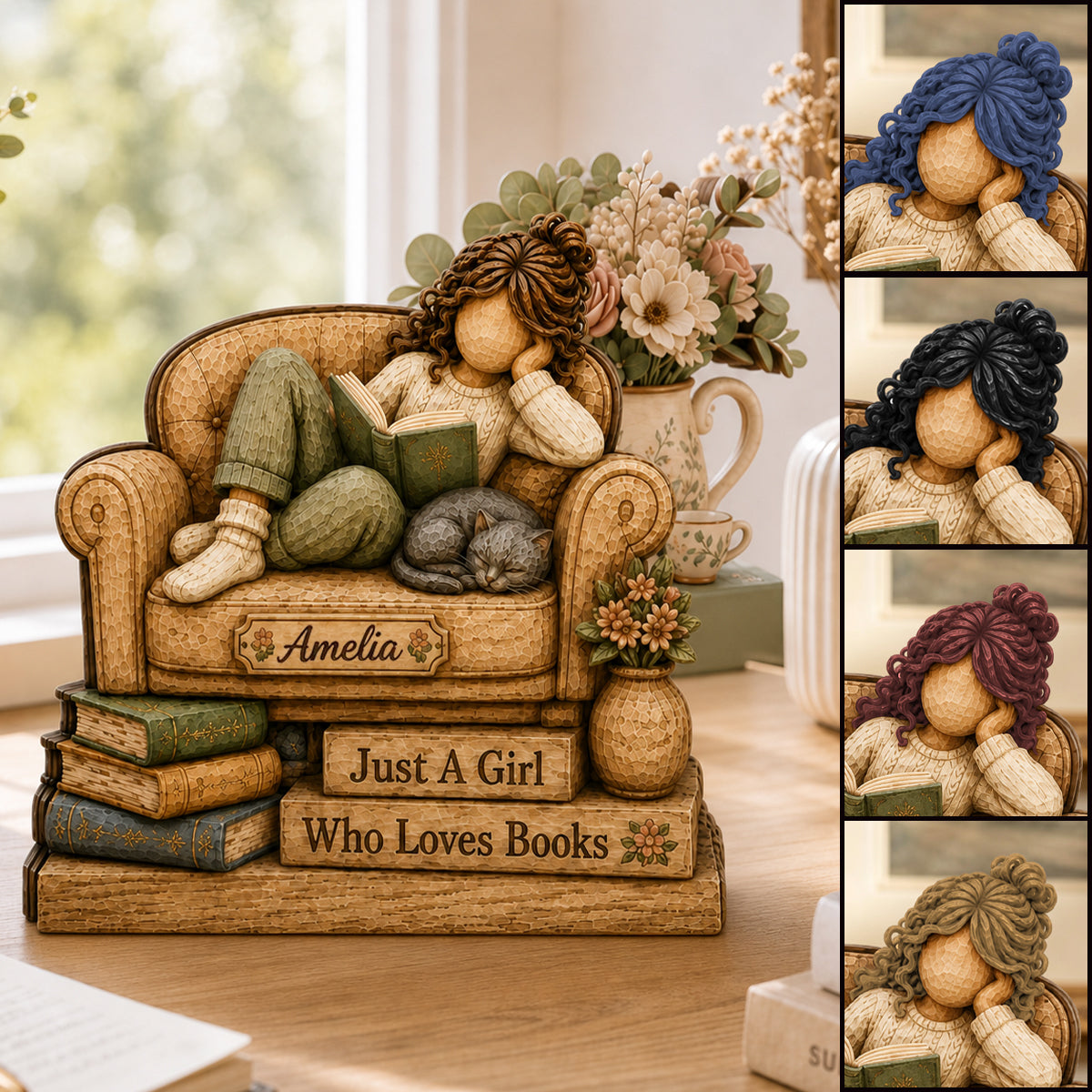 Personalized Reading Girl With Cat Wooden Plaque