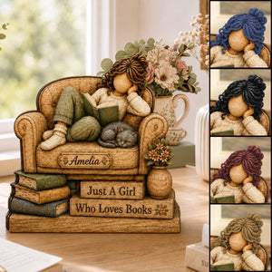 Personalized Reading Girl With Cat Wooden Plaque