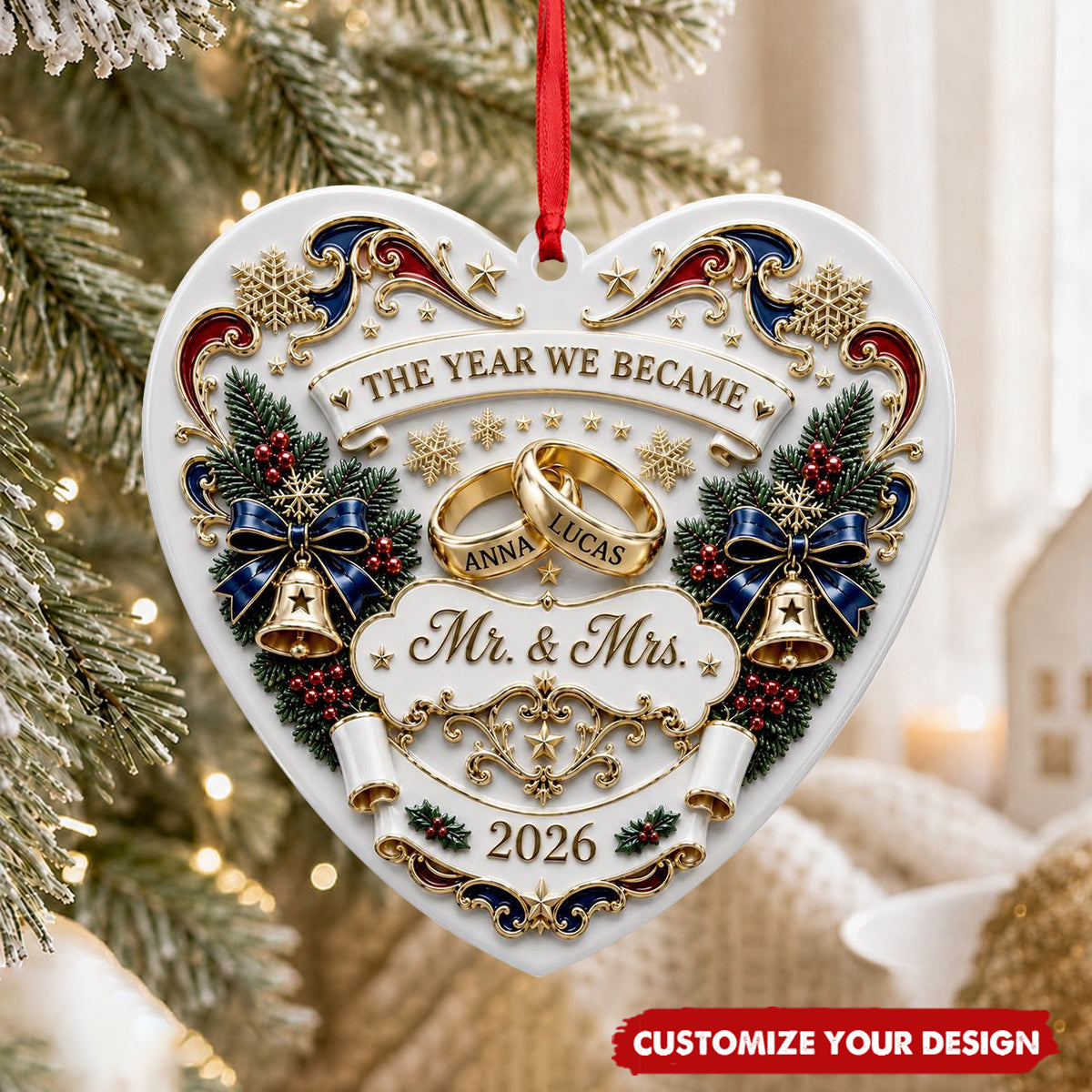 Personalized Mr. and Mrs. Ornament, Wedding Rings Heart Couple Name Keepsake