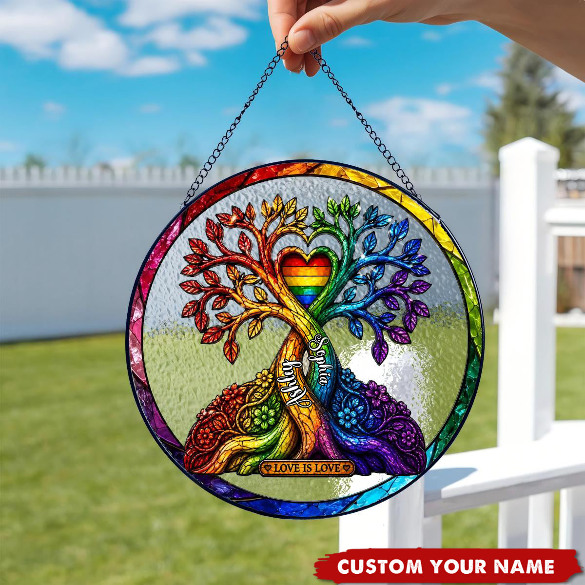 Personalized LGBTQ Tree of Love Suncatcher, Rainbow Pride Window Hanging