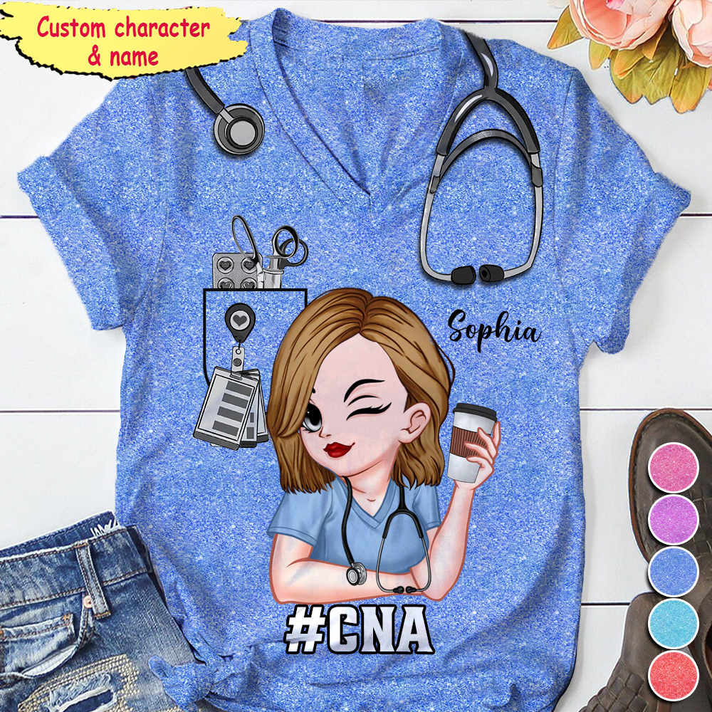 Pretty Doll Nurse Scrub CNA RN Healthcare Worker Personalized V-neck 3D T-shirt