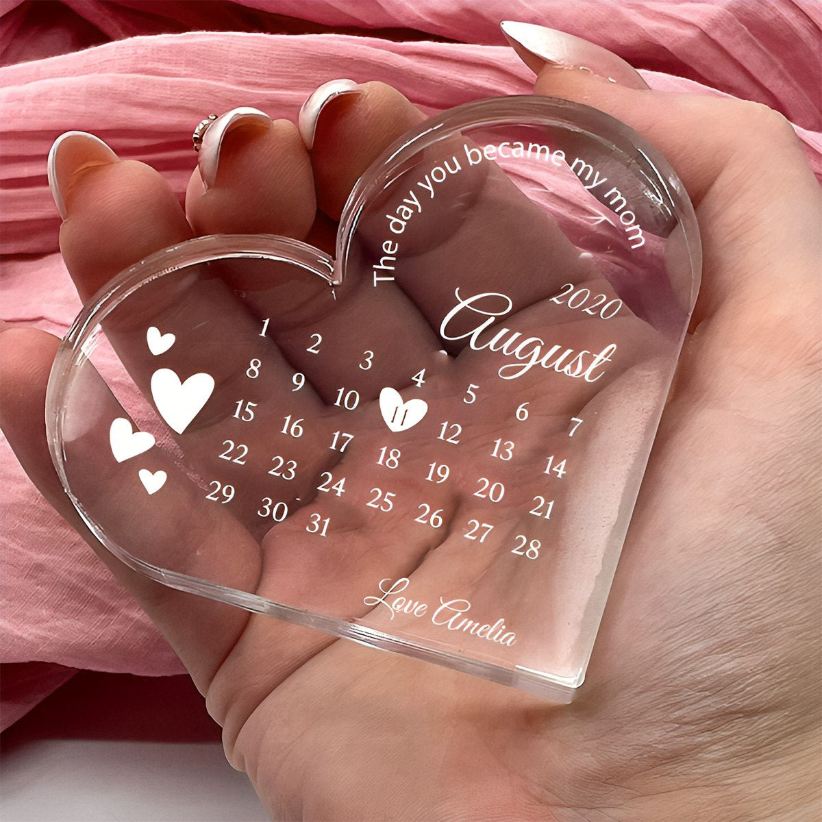 The Day You Became My Mom - Personalized Acrylic Glass Heart Shaped Plaque