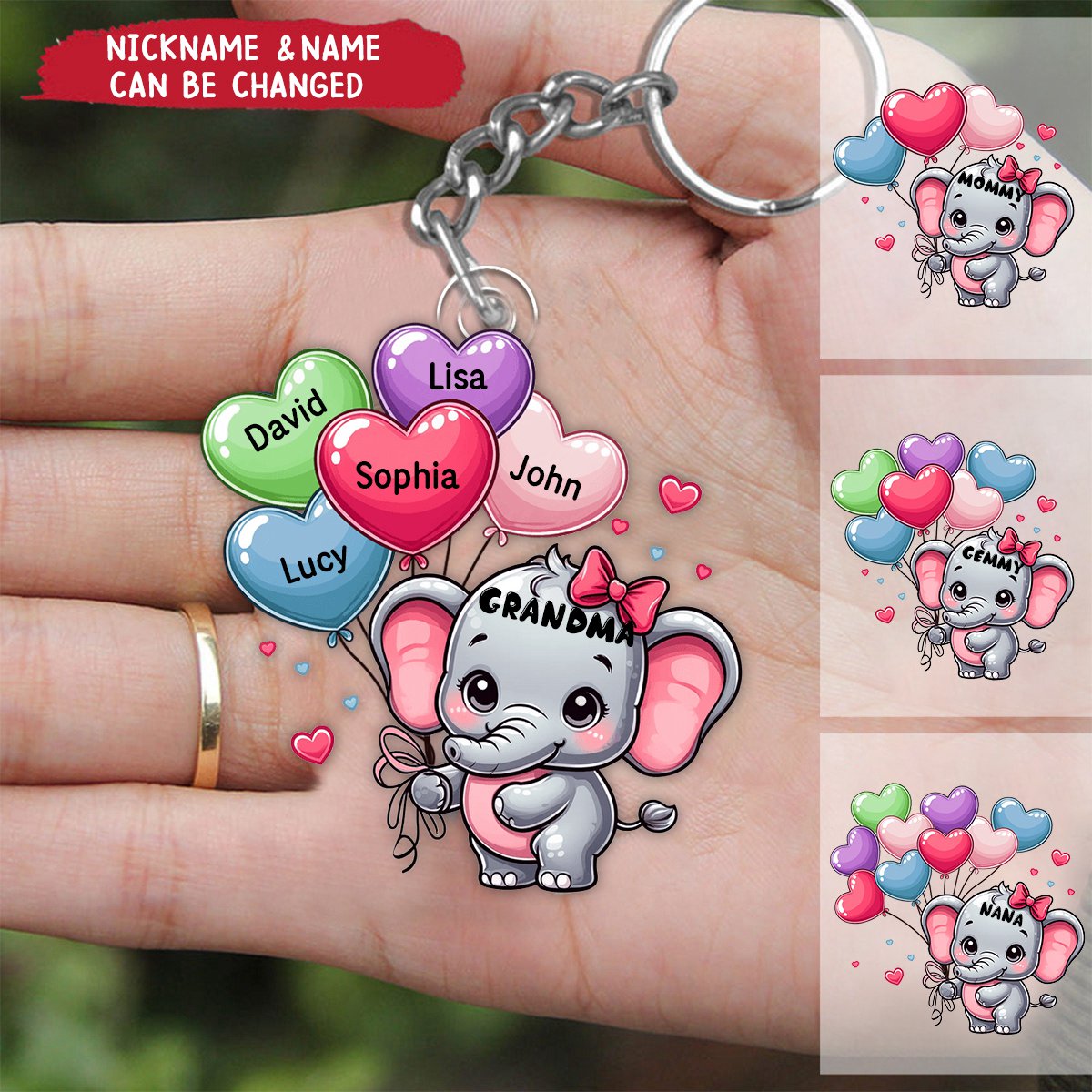 Cute Elephant Grandma With Sweetheart Balloon Grandkids Personalized Keychain