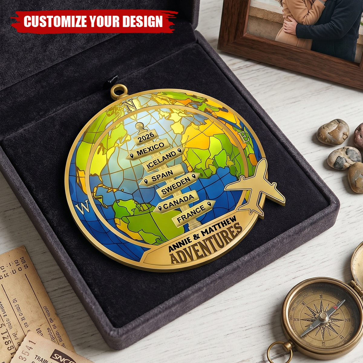 Personalized Couple World Map Ornament,  Travel Adventure Keepsake