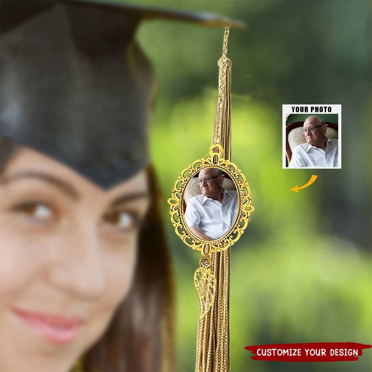 Custom Memorial Graduation Tassel Photo Charm with Angel Wing