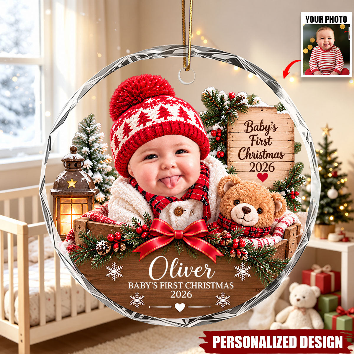 Baby's First Christmas, Custom Baby Photo Glass Ornament