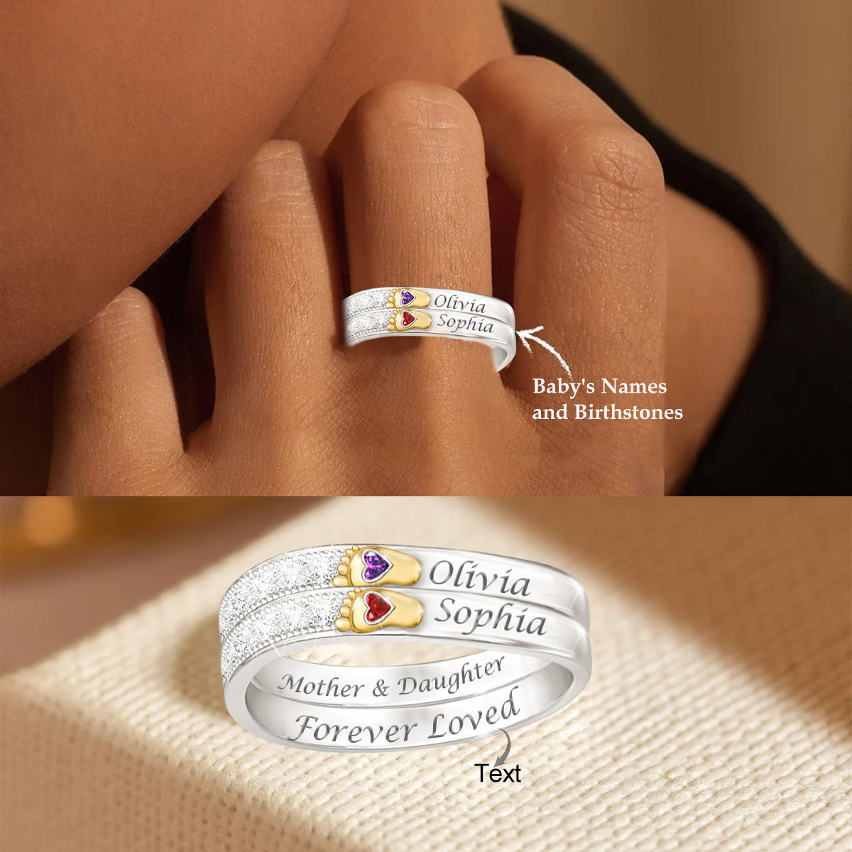 Personalized Baby Feet Ring with Birthstone-Gift For Mom