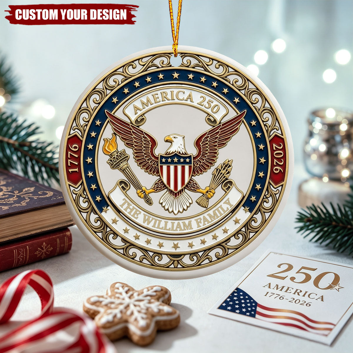 Personalized America 250 Ornament, Patriotic Eagle Gold Decor