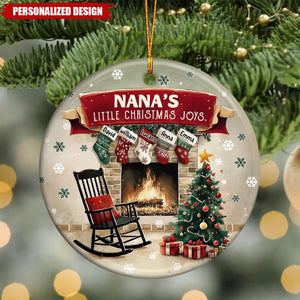 Personalized Grandma’s Little Christmas Joys Fireplace Stocking Circle Ceramic Ornament