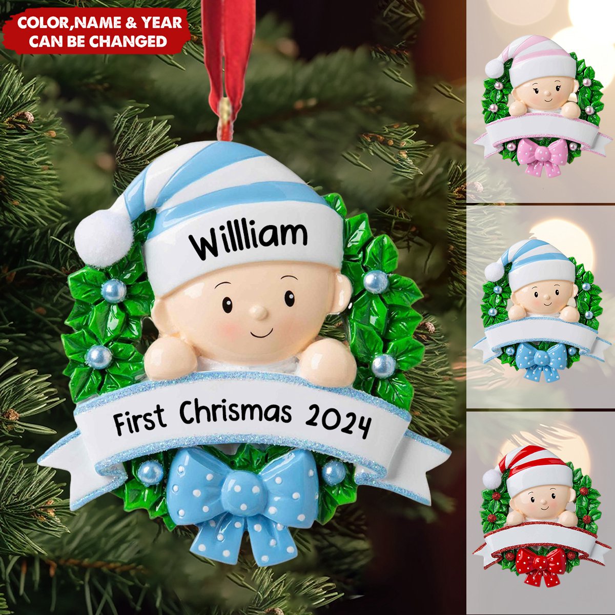 Personalized Christmas Wreath Baby's First Christmas Ornament
