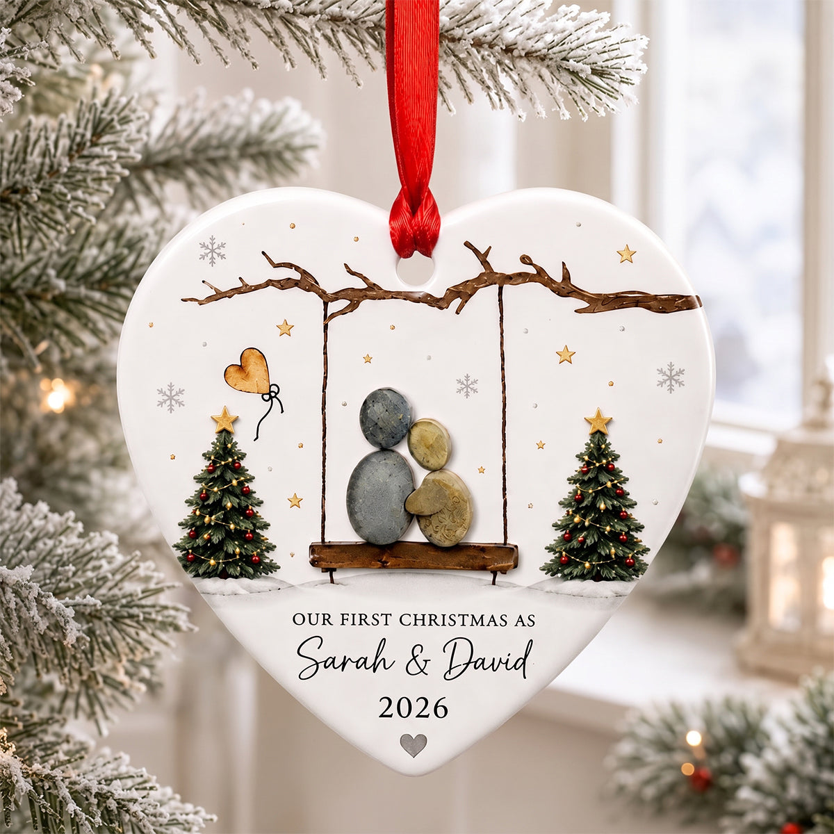 Custom First Christmas Couple Heart Ornament, Newlywed Keepsake Gift