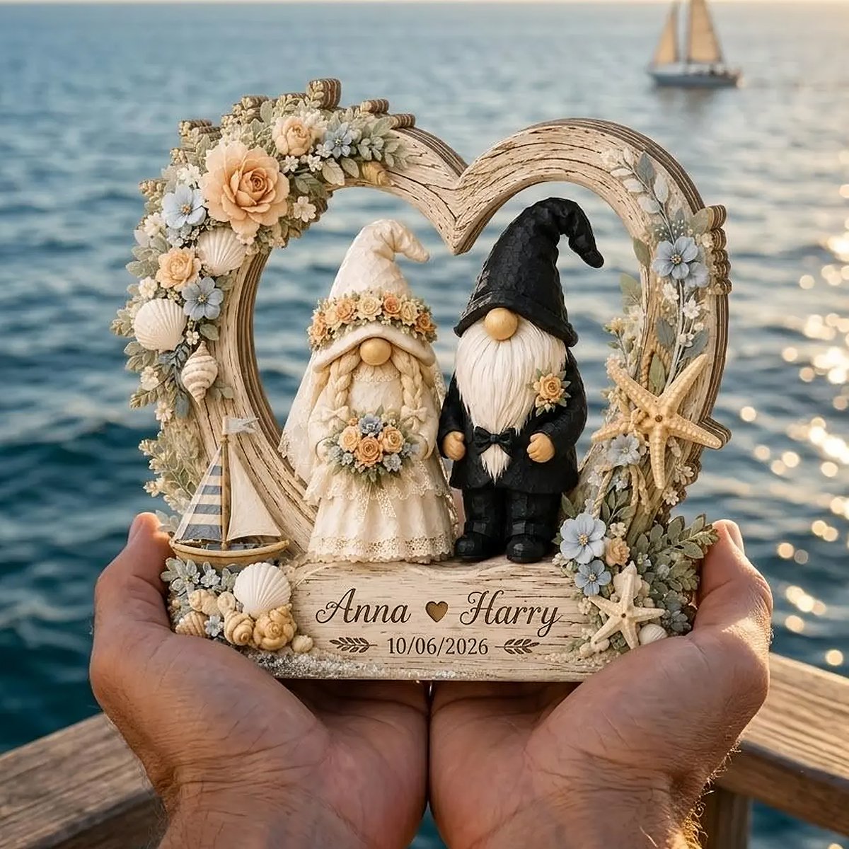 Personalized Wedding Gnome Wooden Block，Custom Couple Name Heart Plaque