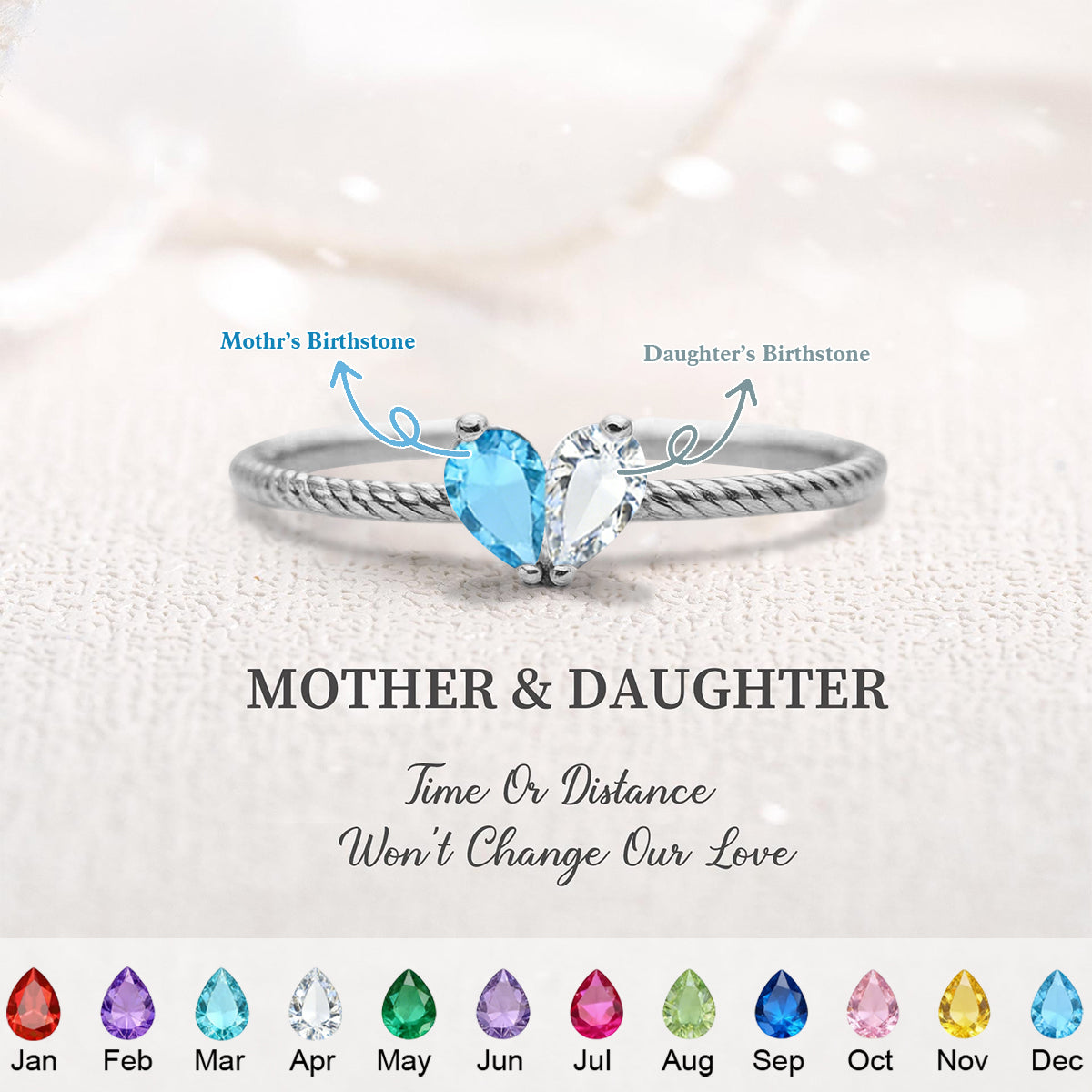Custom Tiny Heart Birthstone Adjustable Ring