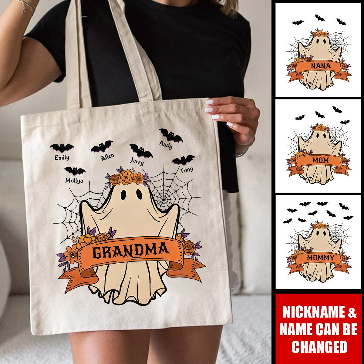 Personalized Grandma With Kids Halloween Tote Bag