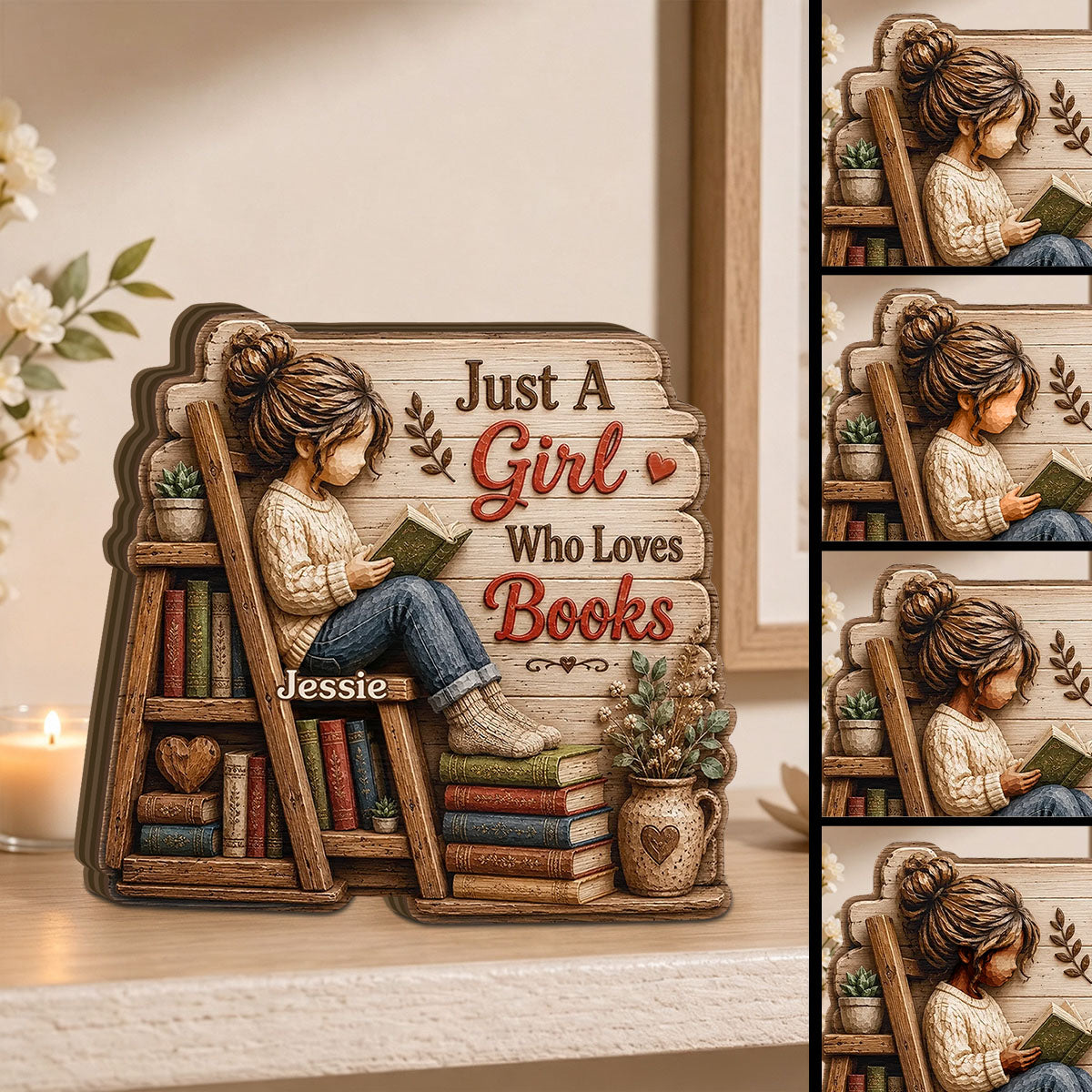Just A Girl Who Loves Books Wooden Plaque, Reading Girl Bookshelf Decor