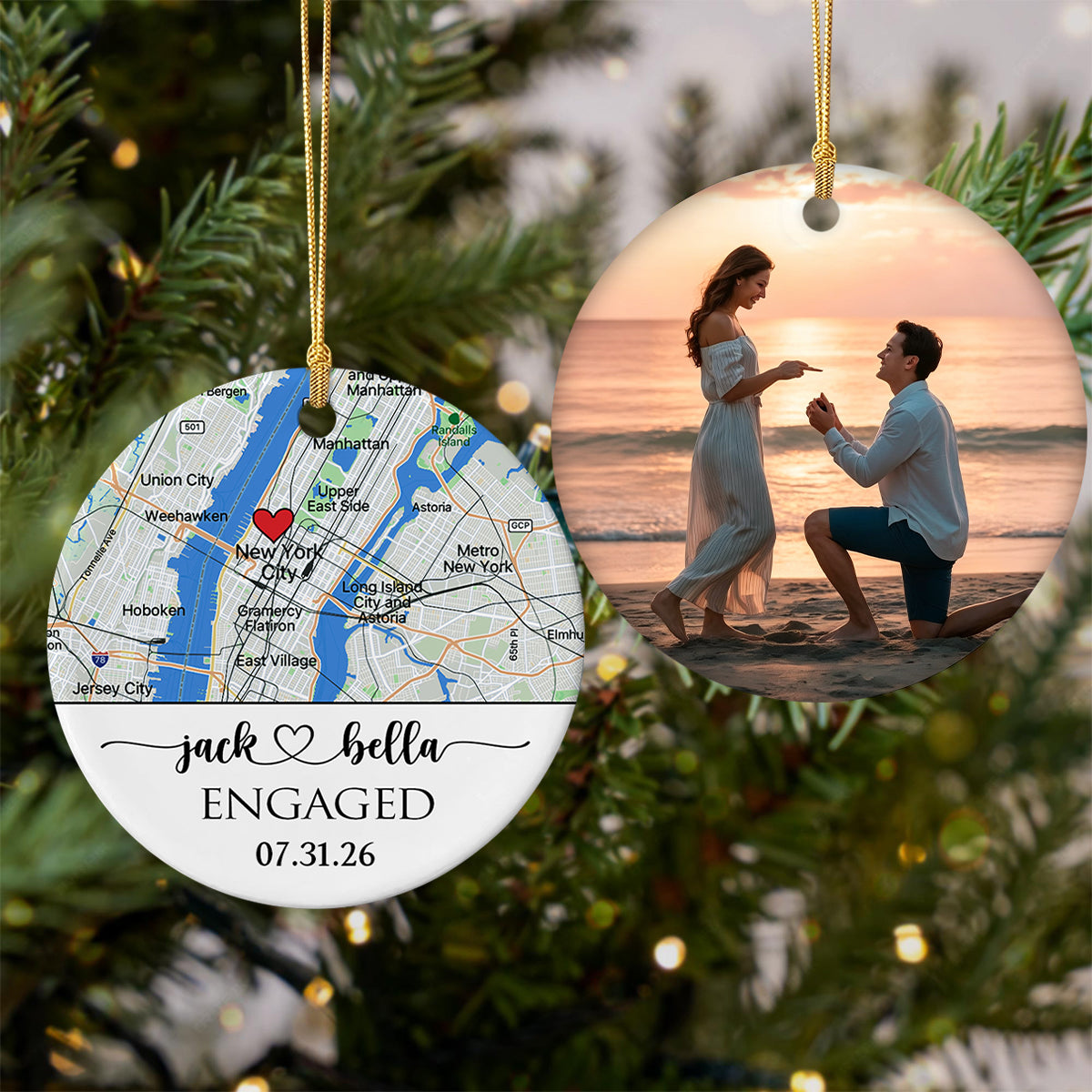 Engagement Gift For Couple - Custom Photo, Location & Map Ceramic Ornament