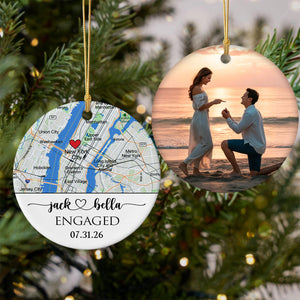 Engagement Gift For Couple - Custom Photo, Location & Map Ceramic Ornament